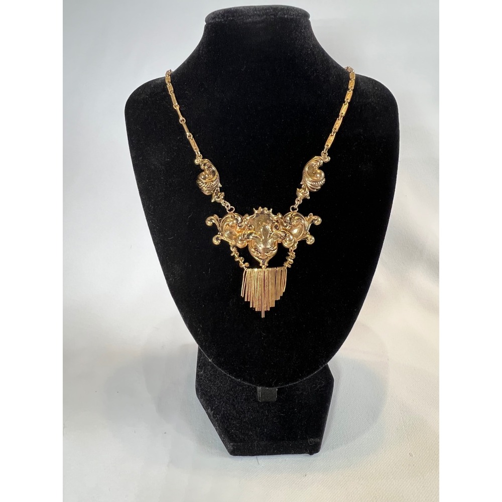 Vintage Gold Tone Rococo Fleur De Lis Bib Necklace with Fringe Statement Jewelry